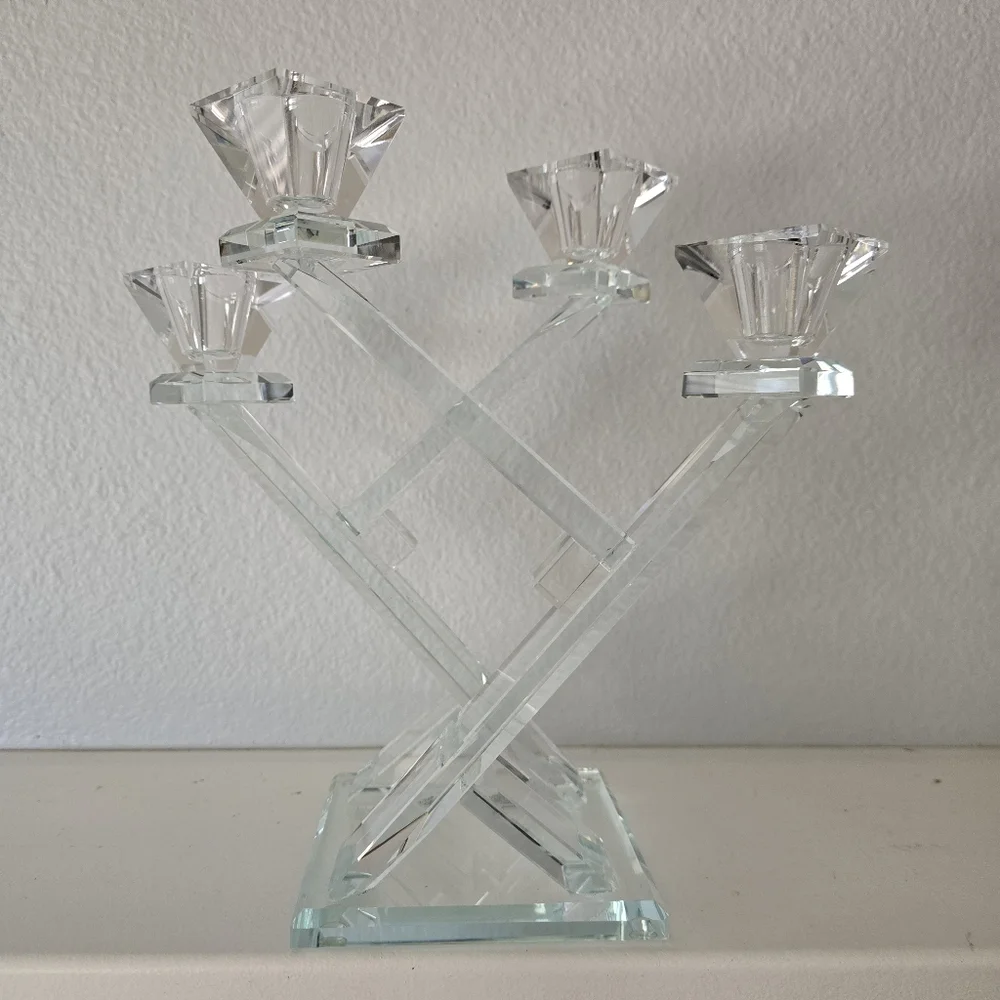 Frontgate Crystal 4-Arm Candelabra | Heavy Faceted Crystal Candle Holder 10.25" - Picture 3 of 12